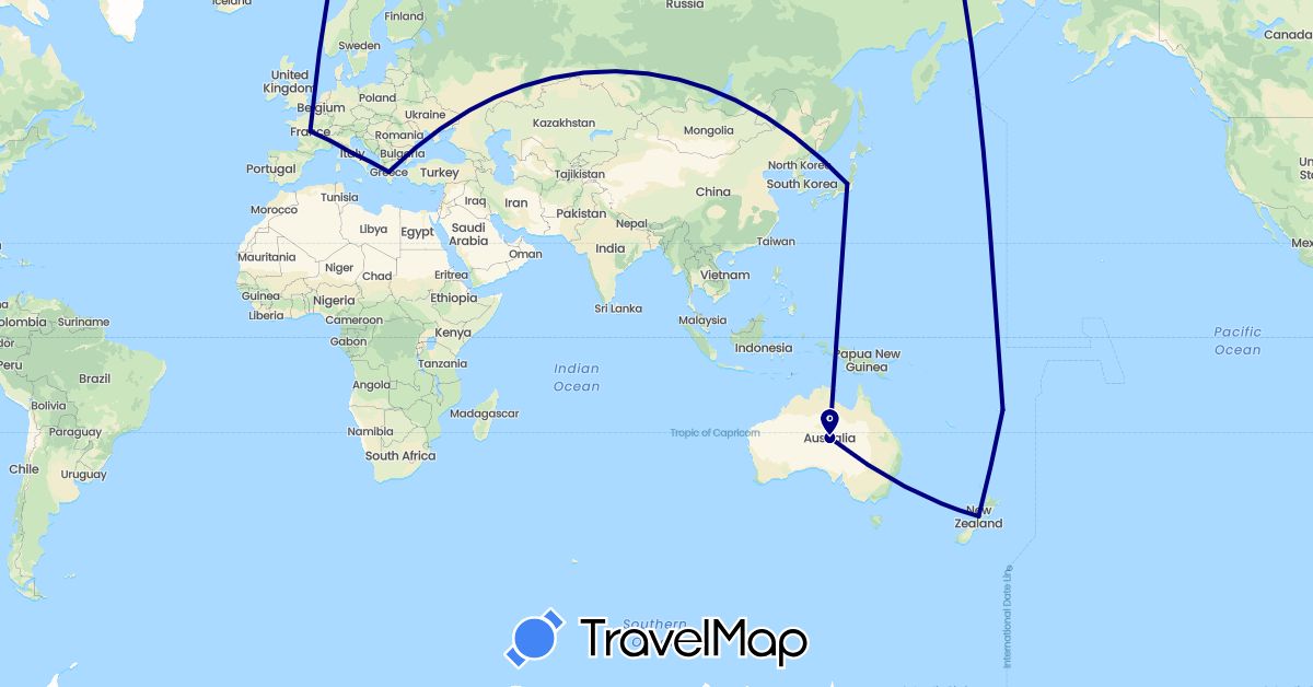 TravelMap itinerary: driving in Australia, Fiji, France, Greece, Italy, Japan, New Zealand (Asia, Europe, Oceania)